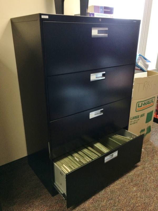 lot 35 image: MSRP $600&nbspHON Brigade&nbspBlack&nbsp4-Drawer Office Filing Cabinet - 600 Series Lateral Legal or Letter File Cabinet 36W - Excellent Condition