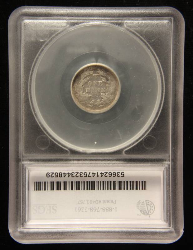 1875 SEATED LIBERTY DIME VF20 CRACKED DIE LOWER RIGHT OBVERSE