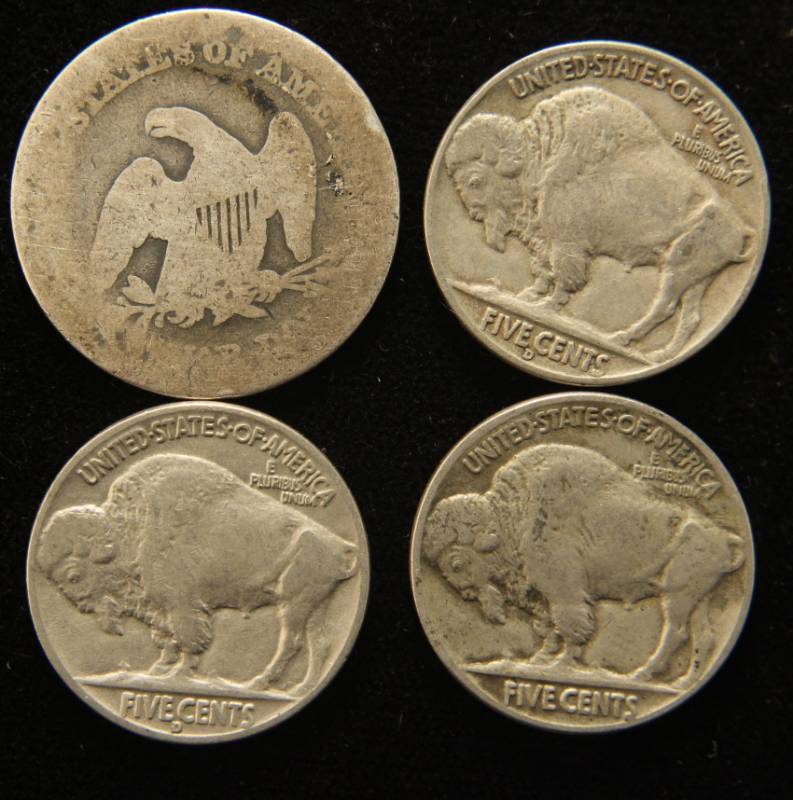 4 COINS 1854 SEATED 25C 1936 1937-D 1938-D BUFFALO NICKELS