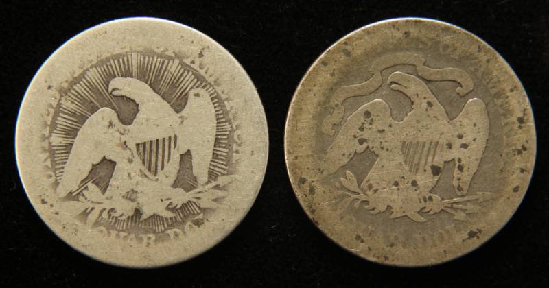 2 SEATED LIBERTY QUARTERS 1853 ARROWS & RAYS & 1877