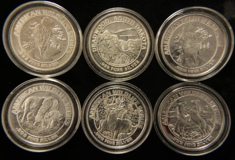 GROUP OF (6) .999 FINE SILVER CASINO ROUNDS IN AIRTITE HOLDERS (JUST UNDER 4 TROY OZ TOTAL SILVER)