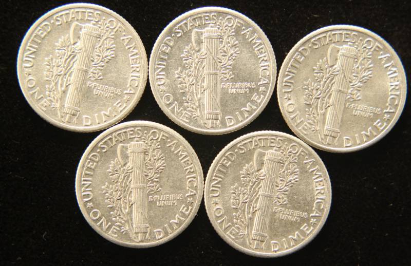 GROUP OF 5 HIGHER GRADE MERCURY DIMES 1934 1935 1936 1937 1938