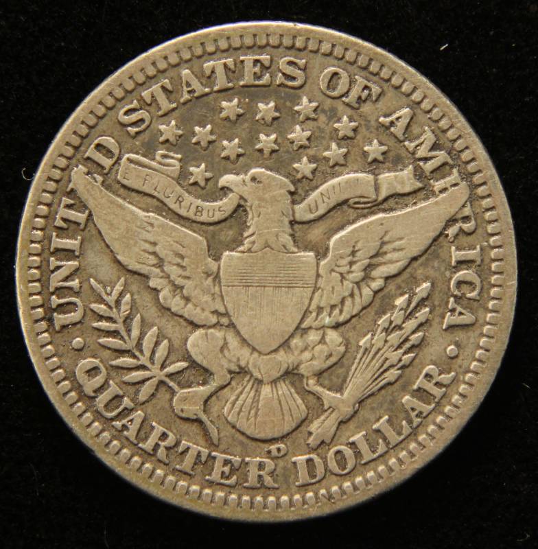 1908-D BARBER SILVER QUARTER FULL LIBERTY VF