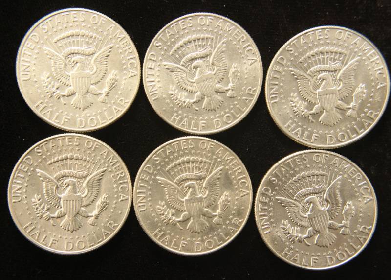 GROUP OF 6 AU-UNC 40% SILVER KENNEDY HALF DOLLARS