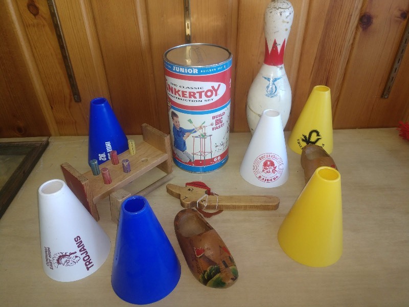lot 63 image: TINKERTOYS Antique Childrens Toys, CLOGS and Small Plastic Megaphones