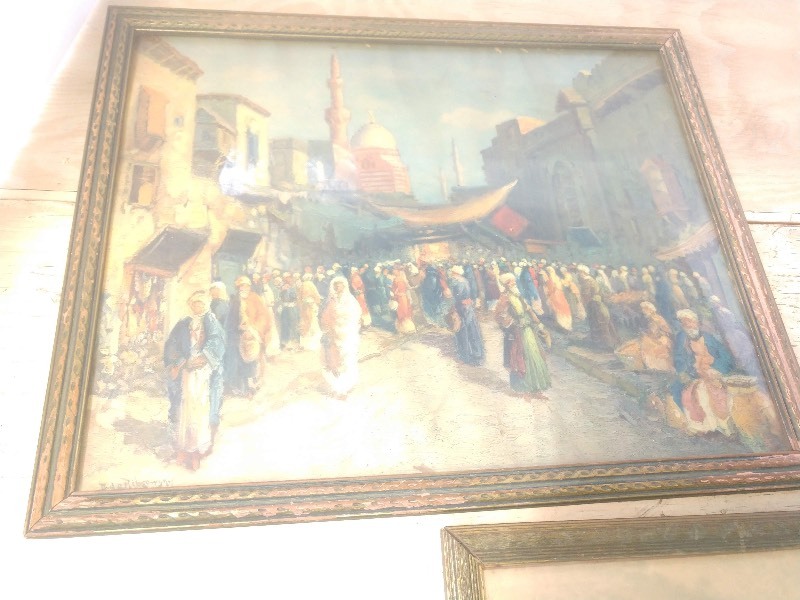 lot 69 image: Signed Dated Early 1900s Middle Eastern Oil Paintings. Signed Dated Early 1900s Middle Eastern Oil Paintings w Wood Frames.