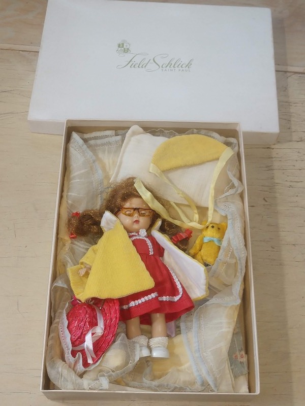 lot 70 image: Collectible Nancy Ann Muffie Doll Story Book Dolls California, Mini Red Woven Straw Hat, Mini Teddy Bear
