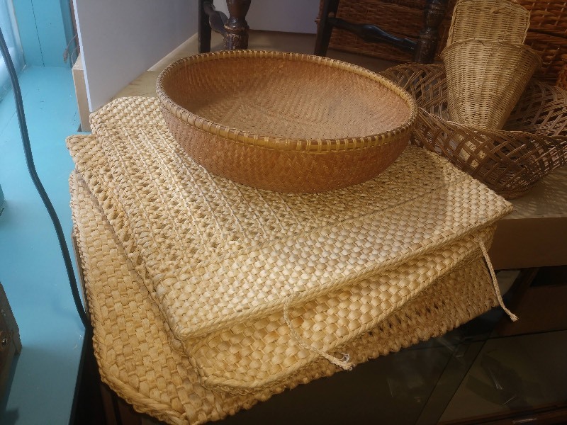 lot 71 image: Wicker Type Woven Baskets, Antique Ladder-back  Chair with Woven Seat, Woven Seat Pads