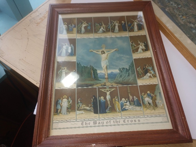 lot 75 image: Vintage Oil Refinery Prints and A Religious Print w Wood Frames