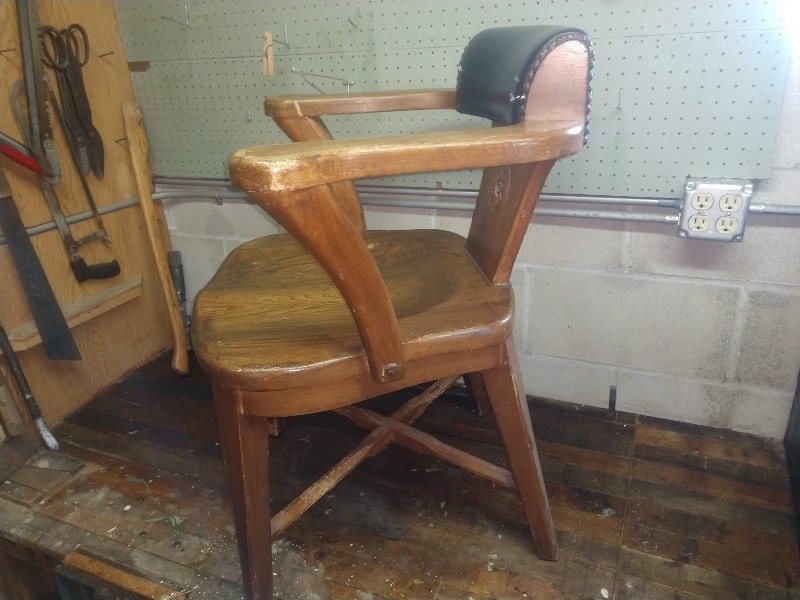 lot 97 image: Primitive Wood Chair w Leather Upholstered Backrest, Carved Flower Design