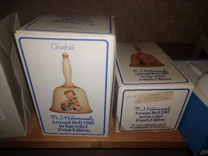 lot 79 image: Lot of 10 Antique MJ Hummel Goebel Hummel Bells Collection in Original Boxes and 2 Schmid Bells
