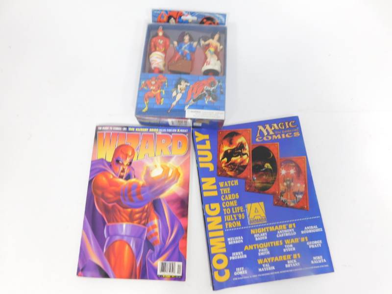 lot 54 image: Magic The Gathering Comics Magazine & Wizard Magazine & Three DC Super Heroes Figures