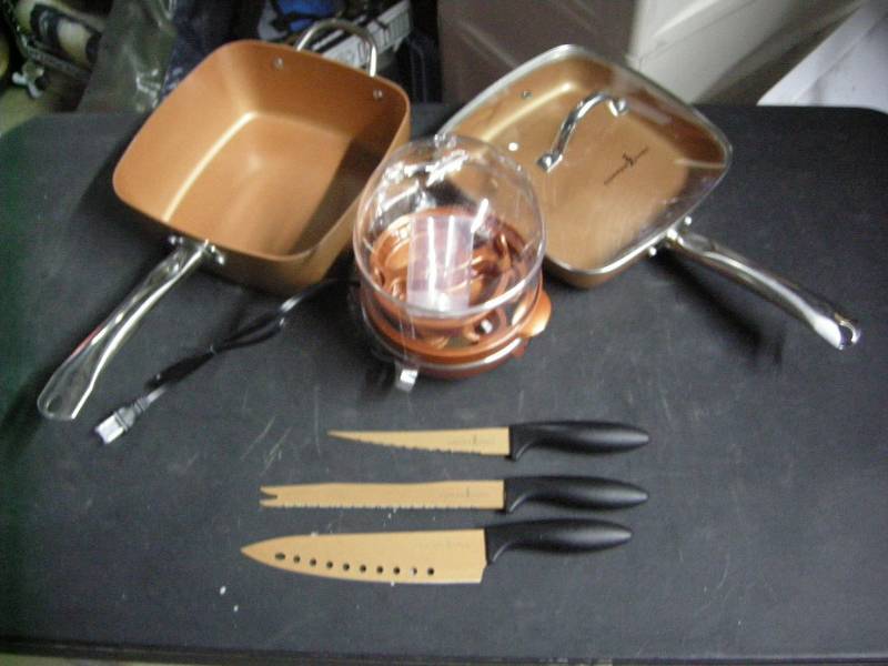 lot 76 image: Copper Chef Pans, Knives, Egg Maker