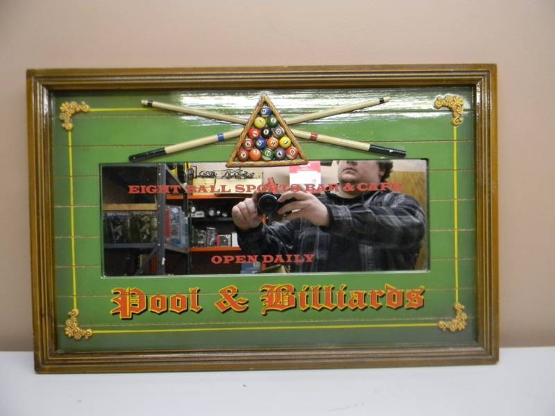 lot 9 image: VINTAGE RARE ORIGINAL EIGHT BALL SPORTS BAR & CAFE OPEN DAILY POOL & BILLIARDS MIRROR  BAR SIGN - 27 BY 18 - SEE PICTURES