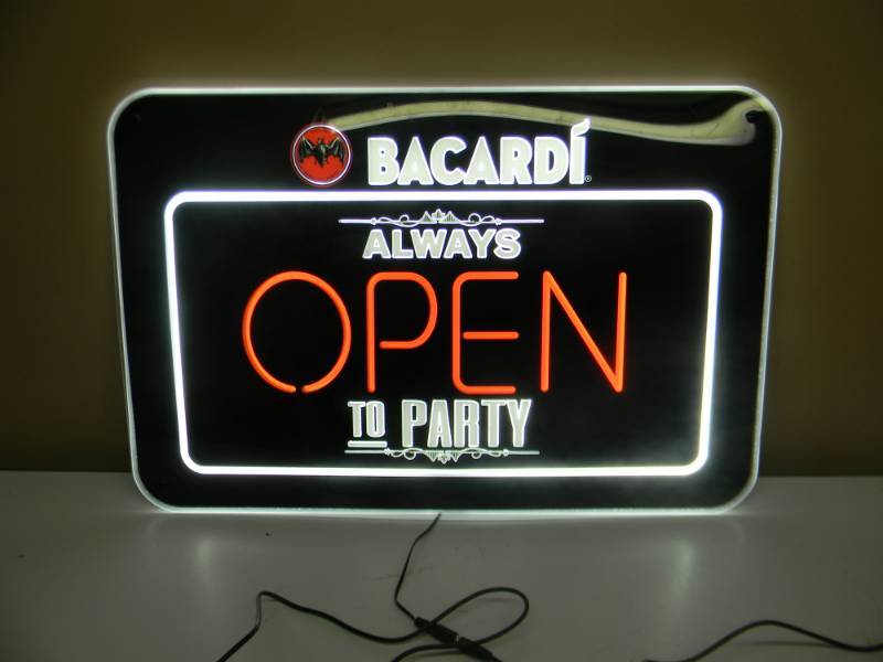 lot 10 image: AWESOME BACARDI ALWAYS OPEN TO PARTY LED LIGHT - WORKS GREAT - NICE - APPROX 24 BY 16 - SEE PICTURES