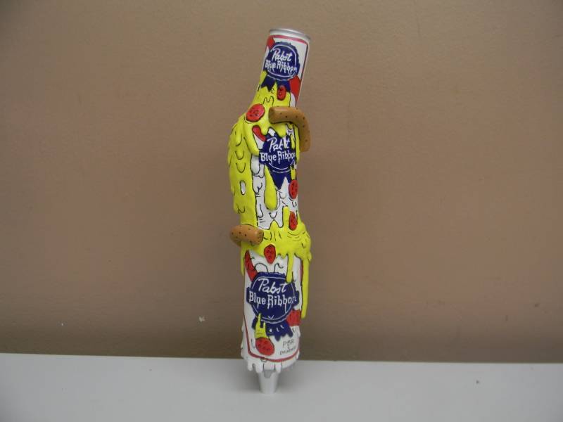 lot 11 image: PABST BLUE RIBBON BEER PBR ART PRINT CAN PIZZA BEER TAP HANDLE 11 TALL - NEW - AWESOME TAP - SELLING FOR $150.00 - SEE PICTURES