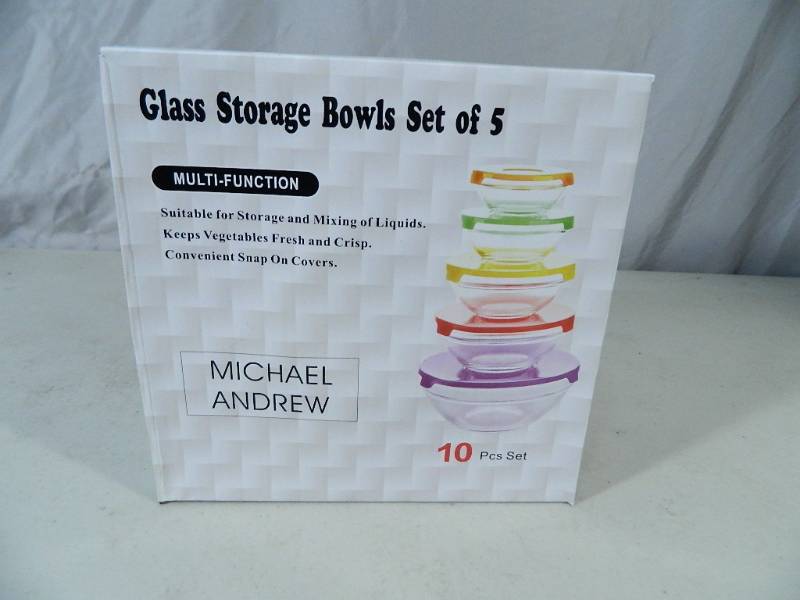 lot 13 image: New 10 Pc Glass Storage Bowl Set with Colored Lids