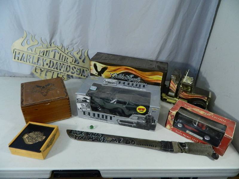 lot 86 image: Harley Collectibles, Diecast Cars, Machete, Etc