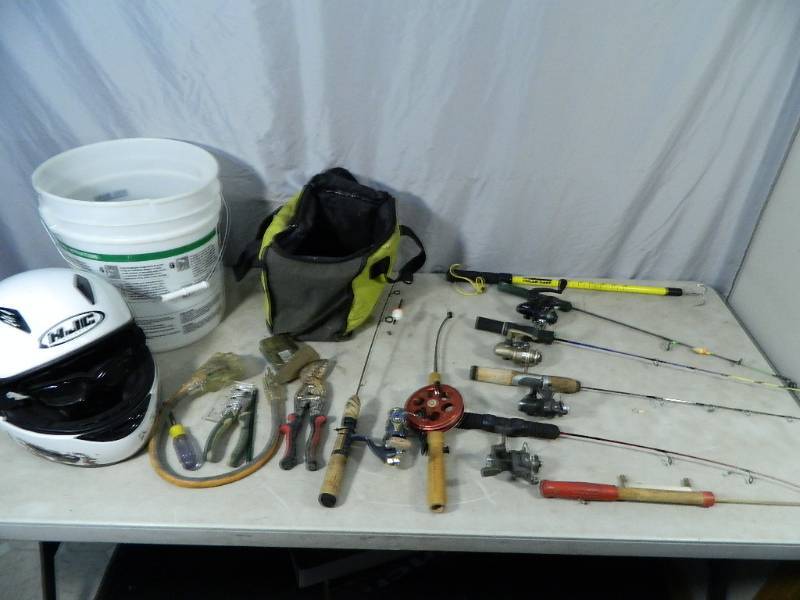 lot 104 image: Ice Fishing Rods, Tools, Helmet