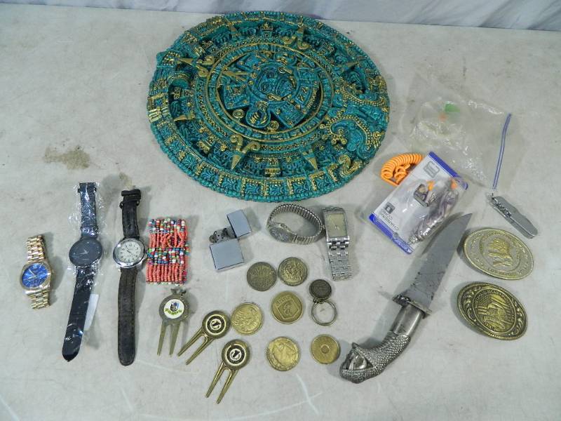 lot 108 image: Belt Buckles, Coins, Watches, Etc