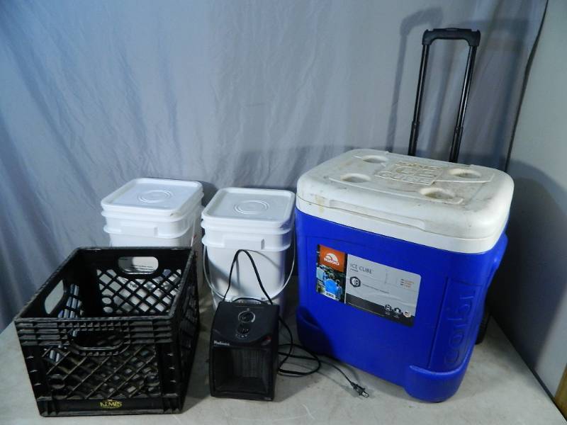 lot 127 image: Rolling Cooler, Crate, Buckets.