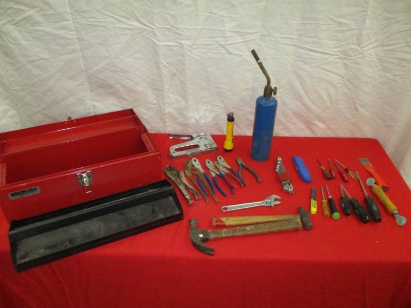 lot 18 image: Steel Toolbox full of hanmmers, wrenches standard wrench set, pliers, screwdrivers and more