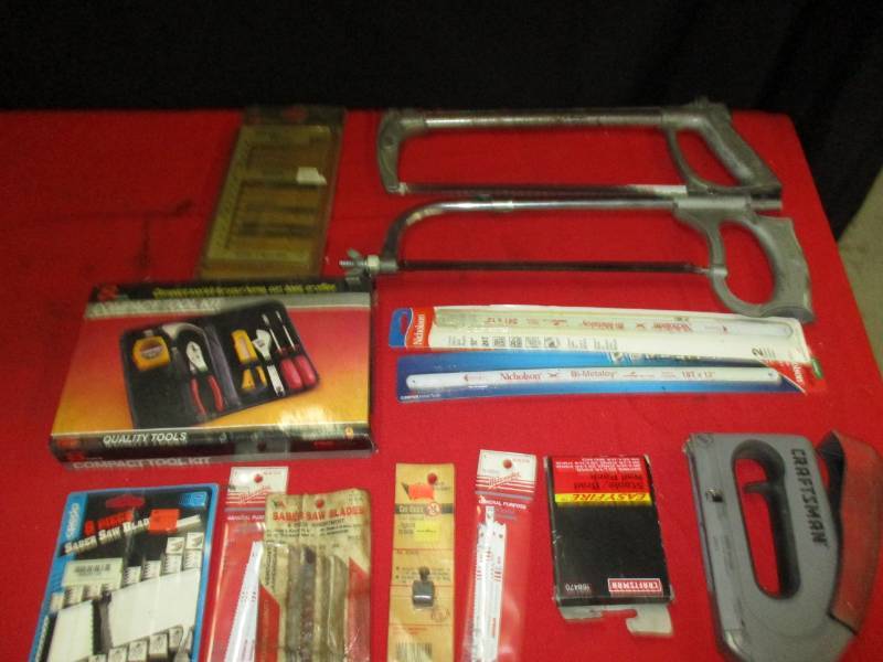 lot 105 image: Hack Saws,Misc. Blades, Stapler, Compact Tool Kit,