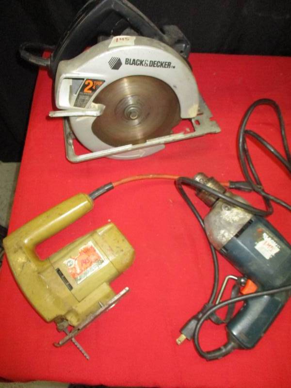 lot 145 image: Black and Decker Corded Drill, SkillSaw, and Jigsaw
