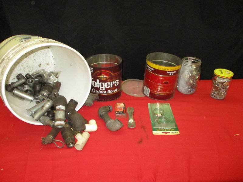 lot 149 image: Misc Nails, Screws, Eyebolts, Pipe Clamps, Metal Pipe Pieces