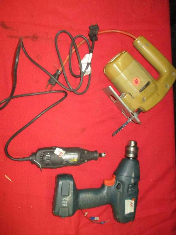 lot 155 image: Black and Decker Cordless Drill and Jigsaw, Dremel,