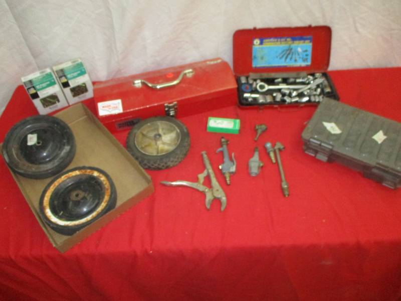 lot 175 image: Toolbox, 38 Scoket Set, Wheels, Screws, Air Compressor Parts, and Tacklebox