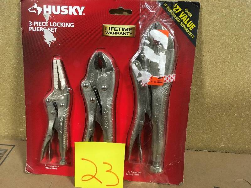 lot 23 image: Husky 6.5 in. Long Nose 7 in. and 10 in. Locking Plier Set (3-Piece)  in like new condition