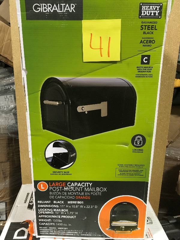 lot 41 image: Gibraltar Mailboxes Reliant Locking Post Mount Mailbox in Black  in like new condition