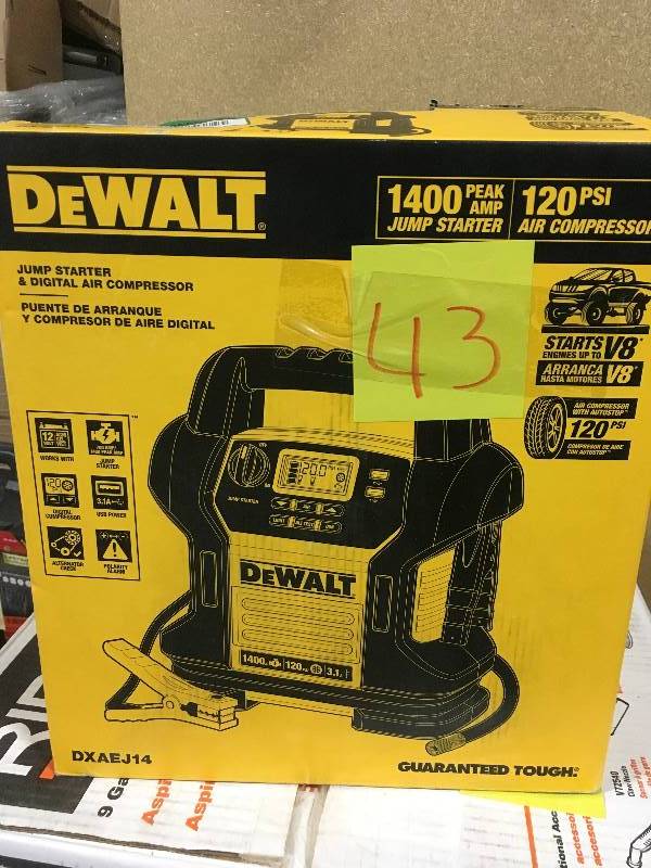 lot 43 image: DEWALT 1400 Peak Amp Jump Starter with Digital Compressor in good condition