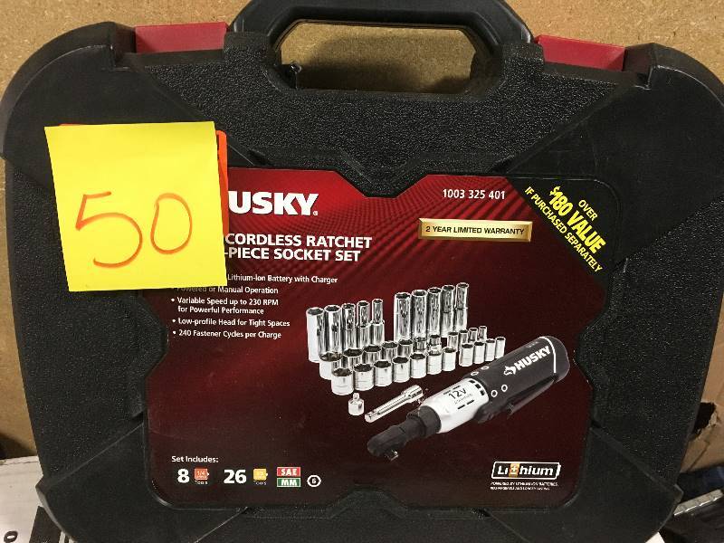 lot 50 image: Husky Cordless Ratchet Impact Wrench 38 in. Drive 12-Volt Lithium Ion Set  in like new condition