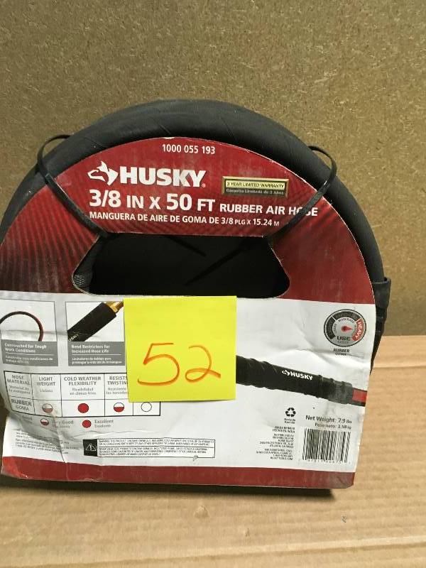 lot 52 image: Husky 38 in. x 50 ft. Premium Rubber Air Hose  in like new condition