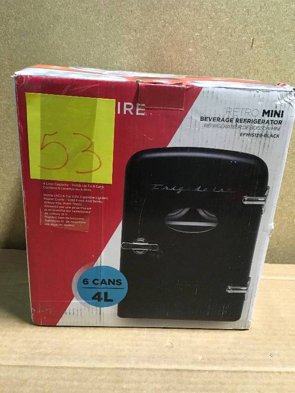 lot 53 image: Frigidaire 6 Can Mini Retro Refrigerator in Black  in like new condition