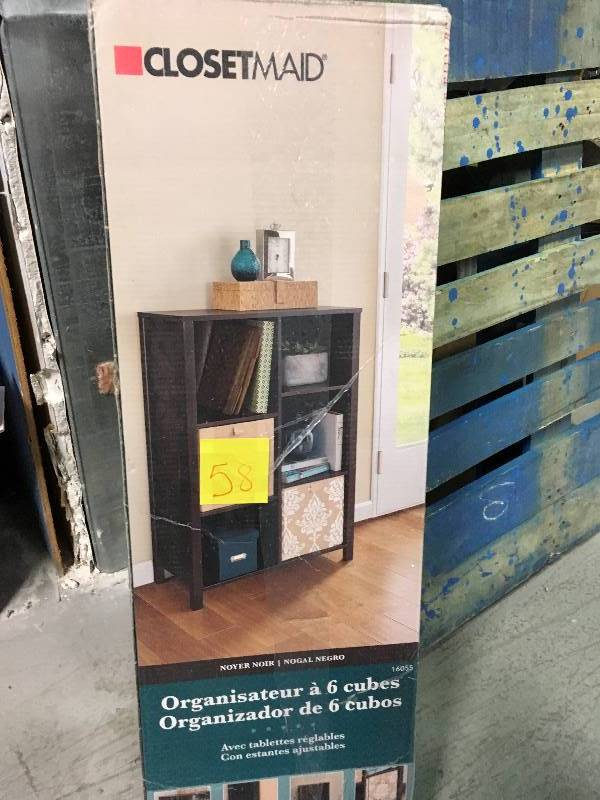 lot 58 image: ClosetMaid 26 in. W x 38 in. H Black Walnut 6-Cube Organizer not used