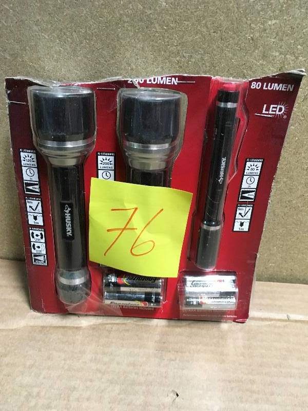 lot 76 image: Husky 200 Lumens 120 & 80 Lumens LED Flashlight 4 AAA  2 AA Batteries 3Pack not used