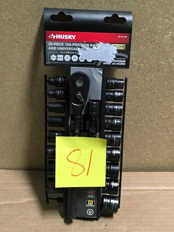 lot 81 image: Husky 38 in. Drive 100-Position Universal SAE and Metric Socket Wrench Set (20-Piece) MISSING 1 PC not used
