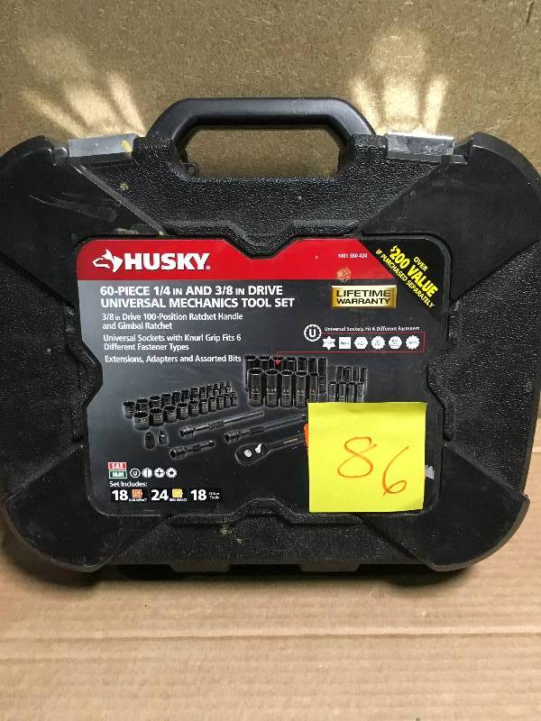lot 86 image: Husky 38 in. Drive 100-Position Universal SAE and Metric Mechanics Tool Set (60-Piece) in like new condition