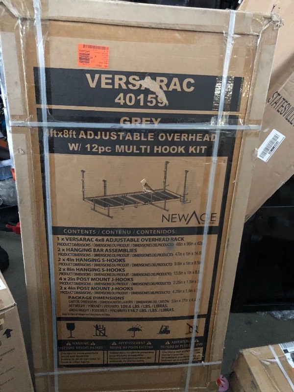 lot 102 image: LOT of 2 NewAge Products  VersaRac 42 in. H x 48 in. W x 96 in. D Adjustable Height Garage Ceiling Mounted Storage Unit in Gray w12-Piece Hooks not used