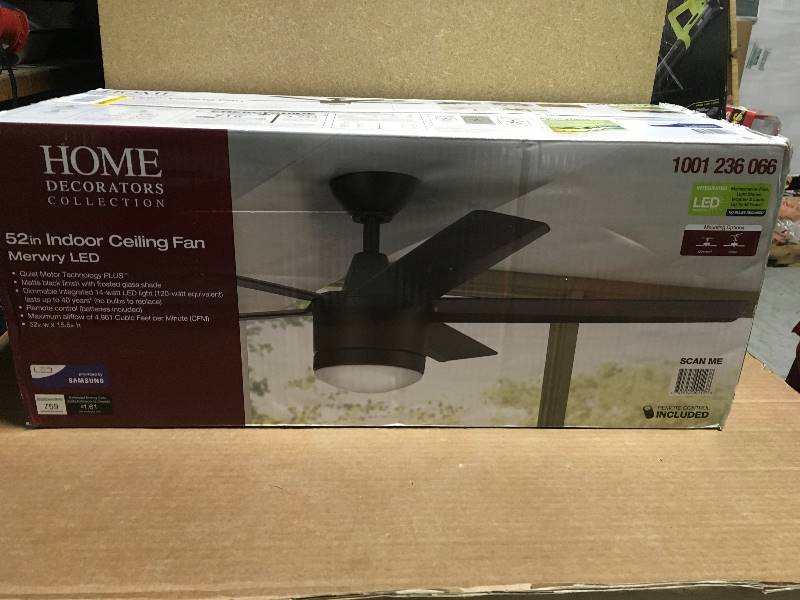 Home Decorators Collection Merwry 52 in. Integrated LED Indoor Matte Black Ceiling Fan with Light Kit in good condition