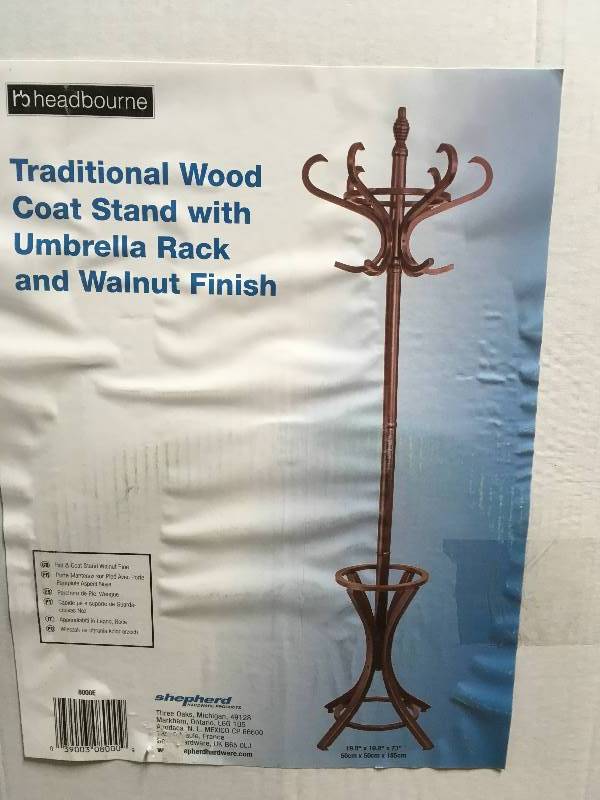 73 in. Dark Walnut Floor Standing Coat Rack with Umbrella Stand in likenew condition