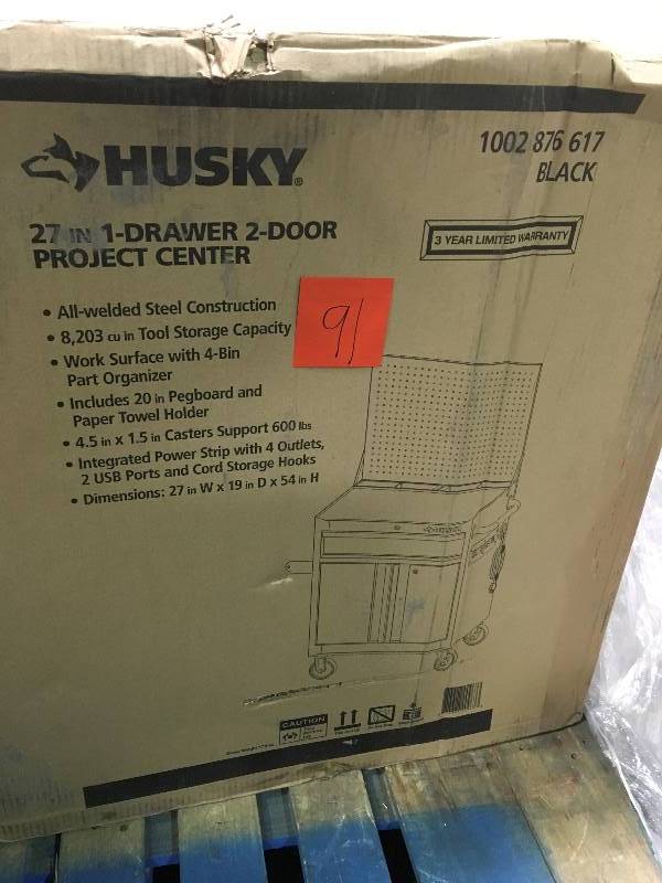Husky 27 in. W 19 in. D 1-Drawer 2-Door Rolling Tool Cabinet with Flip-Up Pegboard in Black  in good condition
