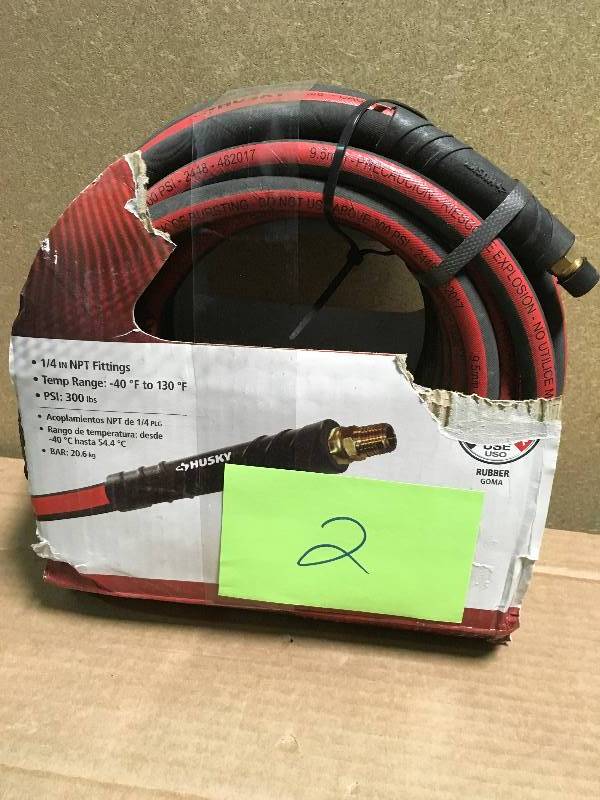 lot 2 image: Husky 38 in. x 50 ft. Premium Rubber Air Hose in like new condition