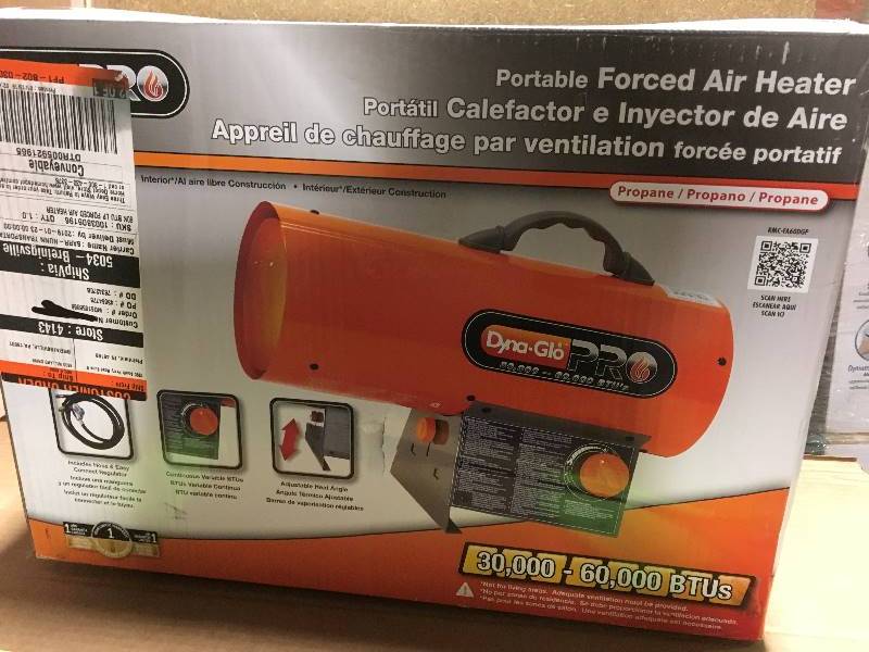 lot 24 image: Dyna-Glo Pro 60K BTU Forced Air Propane Portable Heater in like new condition