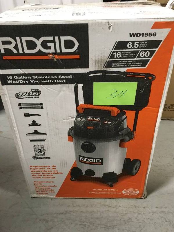 lot 34 image: RIDGID 16 Gal. 6.5-Peak HP Stainless Steel Wet Dry Vac ONLY MOTOR IS GOOD PART ONLY