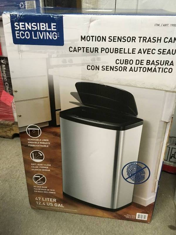 lot 52 image: Sensible Eco Living 47l Stainless Steel Trash Can With Motion Sensor not used