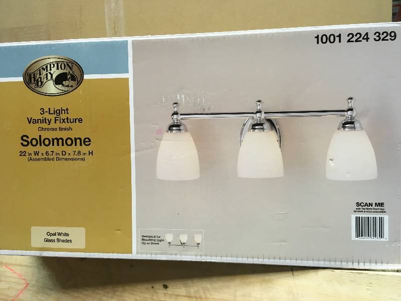 lot 55 image: Hampton Bay Solomone 3-Light Polished Chrome Vanity Light with Opal Glass Shades not used